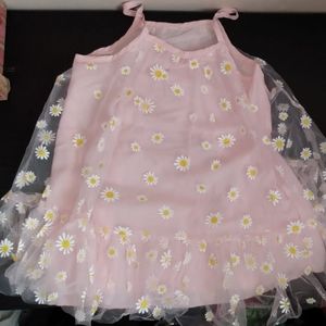 Pastel Peach White Mesh Daisy Flower Print Fairy Halter Dress Sz 3/4 years old